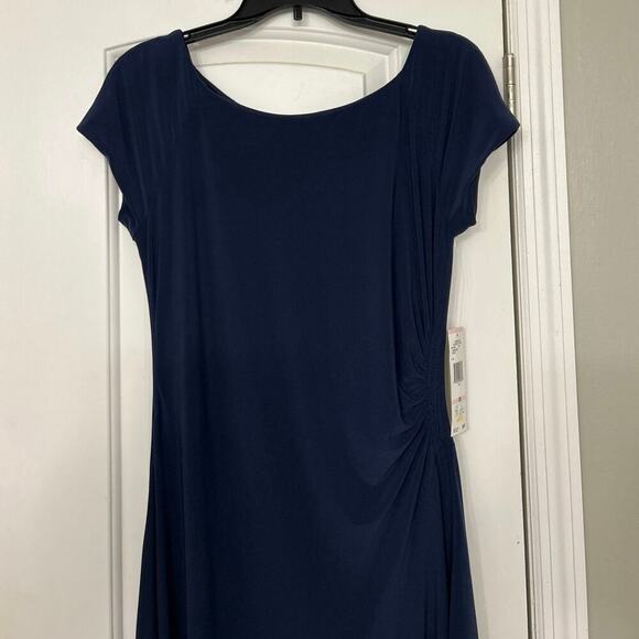 Evan Picone Blue Jersey Ruched Cap Sleeve Fit To Flare Asymmetrical Dress 10 - Picture 3 of 15